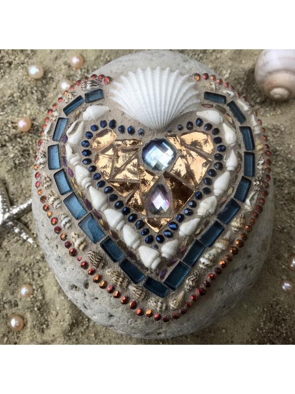 Blue Silver and Gold Beachy Mosaic Heart Rock