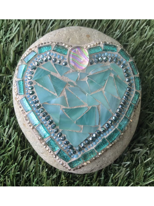 Teal Ocean Hues Mosaic Heart Beach Rock