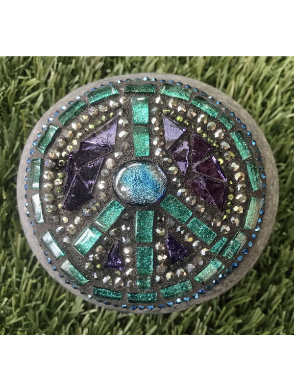 Teal and Purple glass and crystal Peace Sign Rock