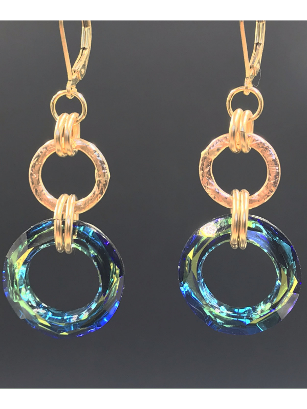 Handwrought 14K Gold Fill Link and Bermuda Blue Crystal Oval Earrings
