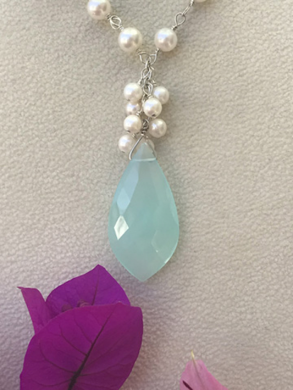 Chalcedony Leaf Drop with Akoya Pearls Necklace in Sterling SIlver