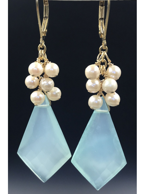 Chalcedony Shield with Akoya Pearls Earrings