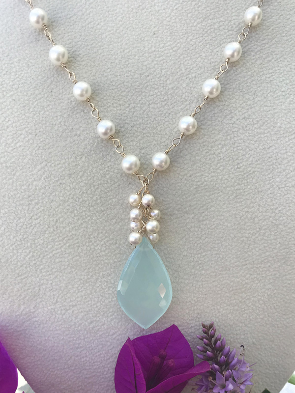 Chalcedony Drop Akoya Pearls Gold Fill Necklace