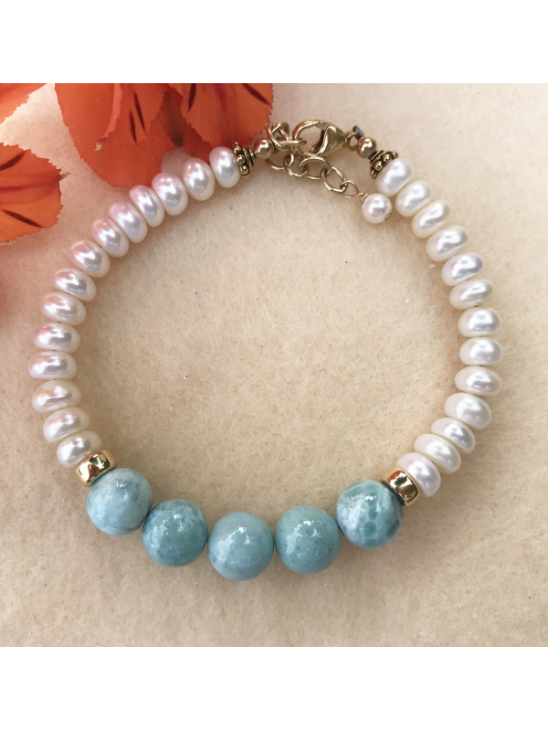 Larimar, Freshwater Pearl and Goldfill Bracelet
