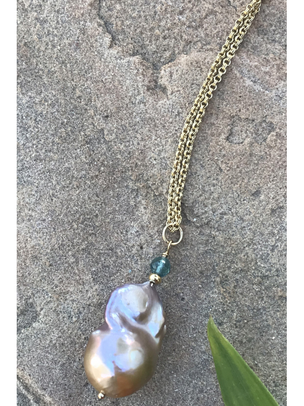 Beige Baroque Pearl with London Blue Topaz and Gold fill Chain