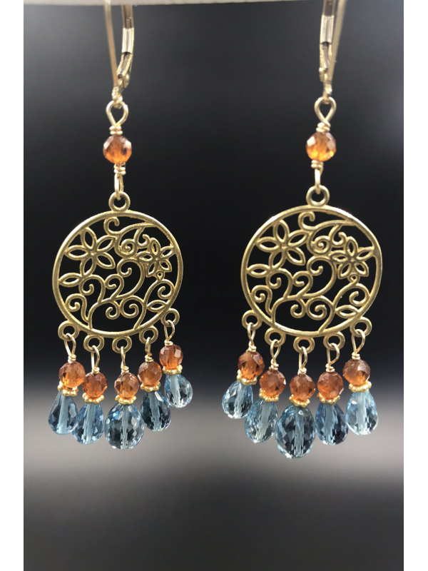 London Blue Topaz, Hessonite Garnet Chandelier Earrings