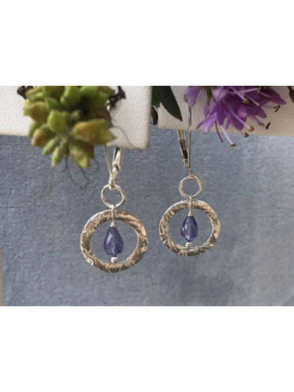 Small Silver Handforged Link with Tanzanite Briolette Drop Earrings