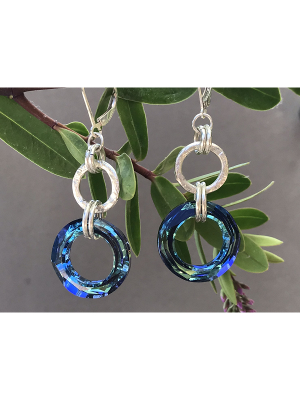 Handwrought Sterling Silver Link with Bermuda Blue Link Earrings