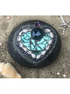 Beachy Teal and Shell Mosaic Garden Rock