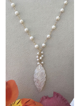 Carved Mother of Pearl Marquis Pendant on Pearl Necklace
