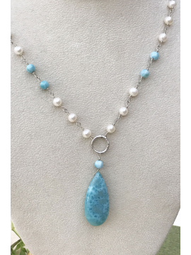 Larimar and Sterling Silver wrapped Freshwater Pearl Necklace
