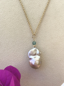 Beige Baroque Pearl with London Blue Topaz and Gold fill Chain