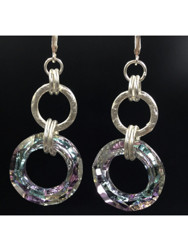 Sterling Silver Handwrought Link and Vitrail Crystal Link Earrings