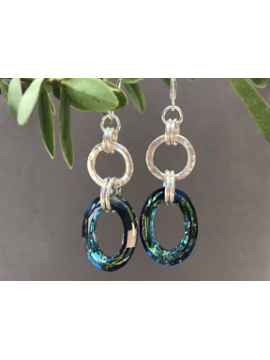 Handforged Sterling Silver Link and Bermuda Blue Crystal Link Earrings