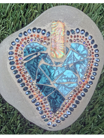 Blue And Copper Mosaic Heart Beach Rock #19