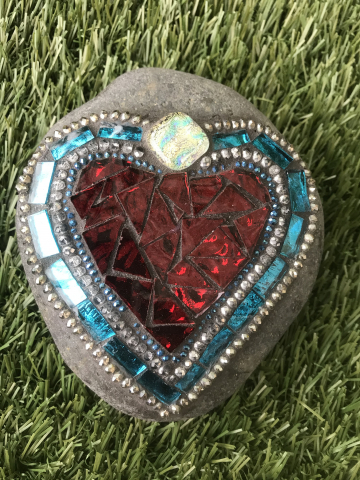 Turquoise and Red Heart Mosaic Beach Rock #24