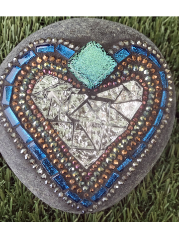 Teal and Silver Mosaic Heart Rock #25