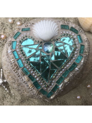 Ocean Blue and Shells Mosaic Heart Rock #26