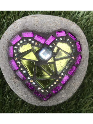 Green and Purple Mosaic Heart Rock #30