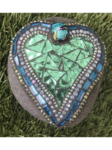 Blues and Greens Mosaic Heart Rock #33
