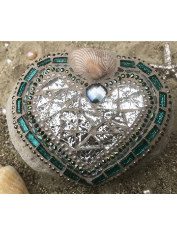 Silver and Ocean Blue Heart Mosaic Rock #41