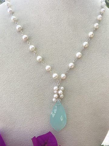 Chalcedony Leaf Drop with Akoya Pearls Necklace in Sterling SIlver