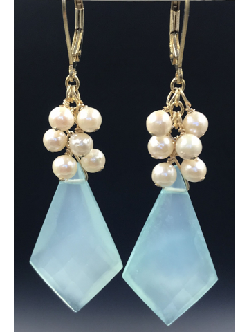 Chalcedony Shield with Akoya Pearls Earrings