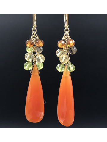 Long Carnelian Drop earrings with Peridot, Citrine and Smoky Quartz confetti