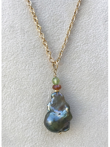Green Baroque Pearl with Hessonite Garnet and Perdot on 14K Gold filled Chain