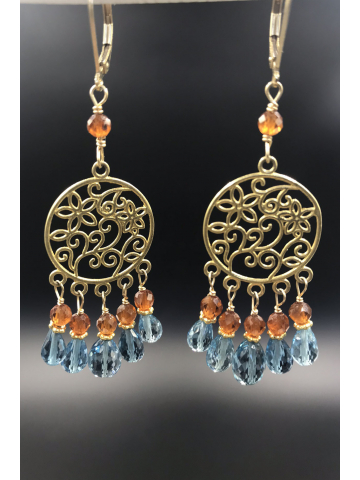 London Blue Topaz, Hessonite Garnet Chandelier Earrings